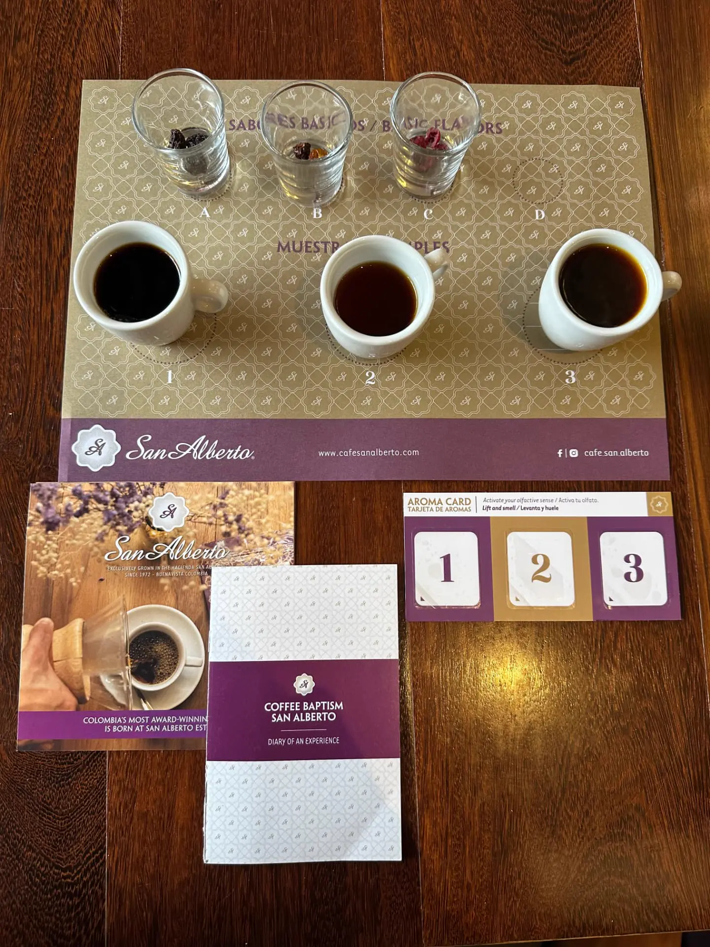 Tasting mat with three coffees, aroma card and experience diary