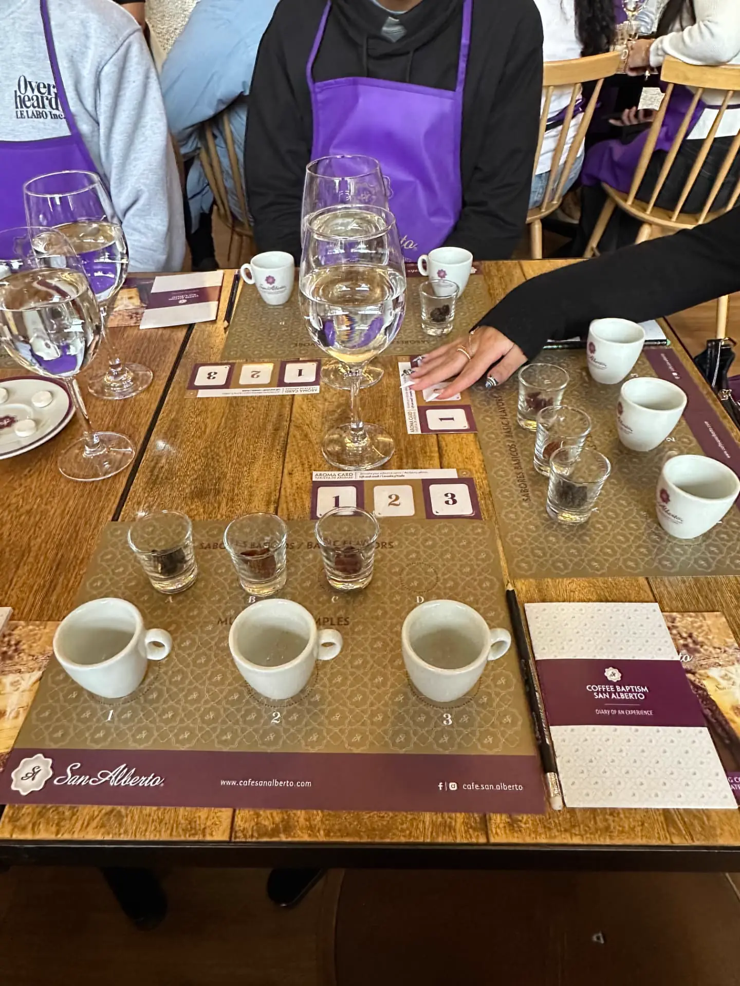 Cupping table set for the specialty coffee tasting in Bogotá