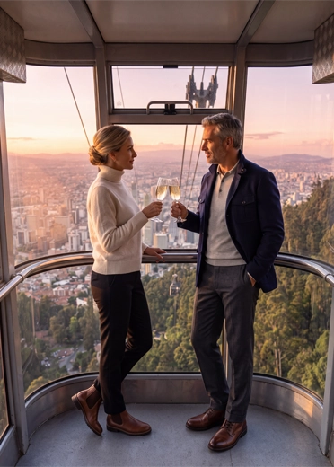 Pareja brindando dentro de una cabina privada del teleférico de Monserrate al atardecer sobre Bogotá
