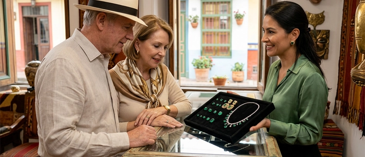 Viajeros conociendo joyería de esmeraldas en una boutique exclusiva de Bogotá