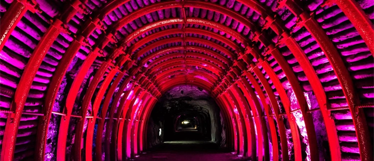 Glowing red tunnel inside the Zipaquirá salt mine